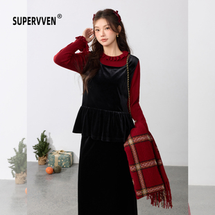 超级文 显瘦高腰丝绒半身裙 巧沁兰心荷叶边后背蝴蝶结丝绒小衫