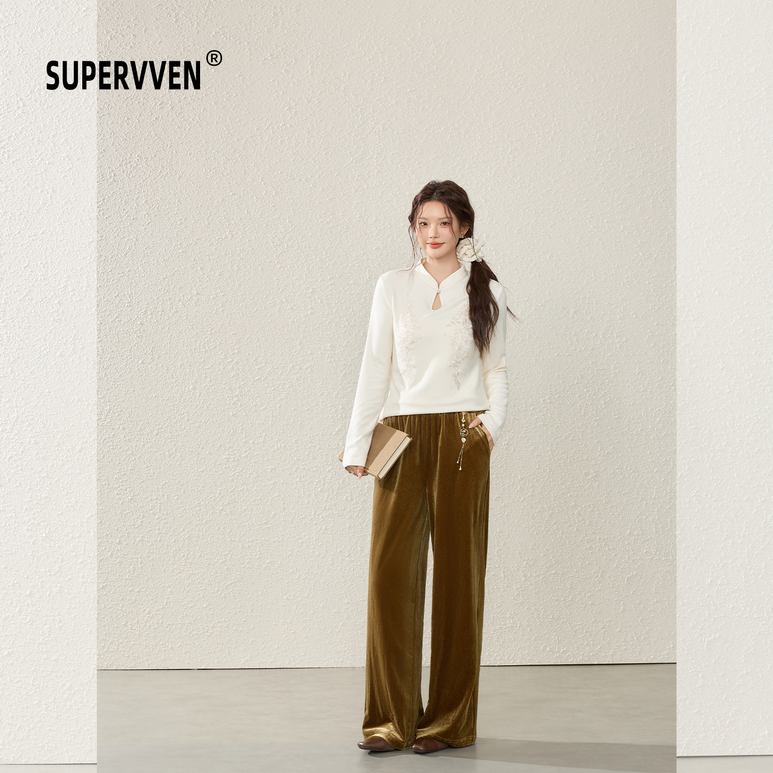 超级文 夜寒江静新中式柳条纹丝绒显瘦高腰阔腿裤长裤女微胖大码