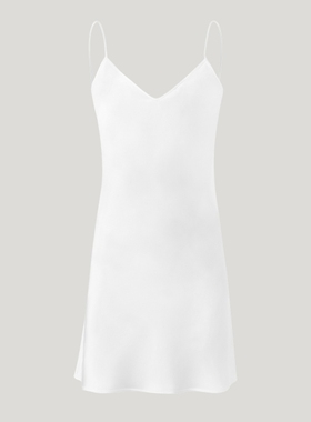 白色30姆米100%桑蚕丝素绉缎V领短款优雅吊带裙