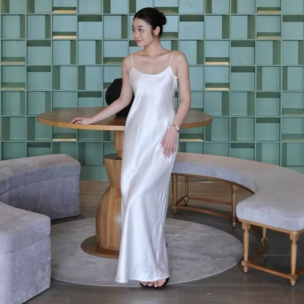 可定做重磅30姆米100%桑蚕丝silkdress圆领后平领白色真丝缎长裙