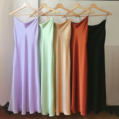 100%桑蚕丝19姆米荡领细肩带真丝吊带连衣裙