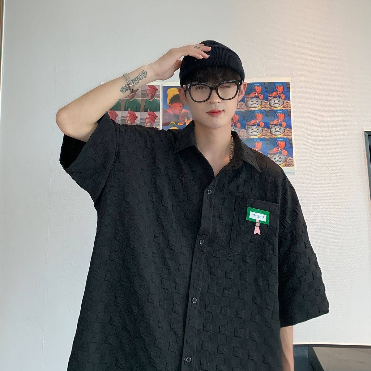港风衬衫新立体华夫格短袖衬衫休闲衬衣CS016,男装衬衫,电商A132（原电商B245）