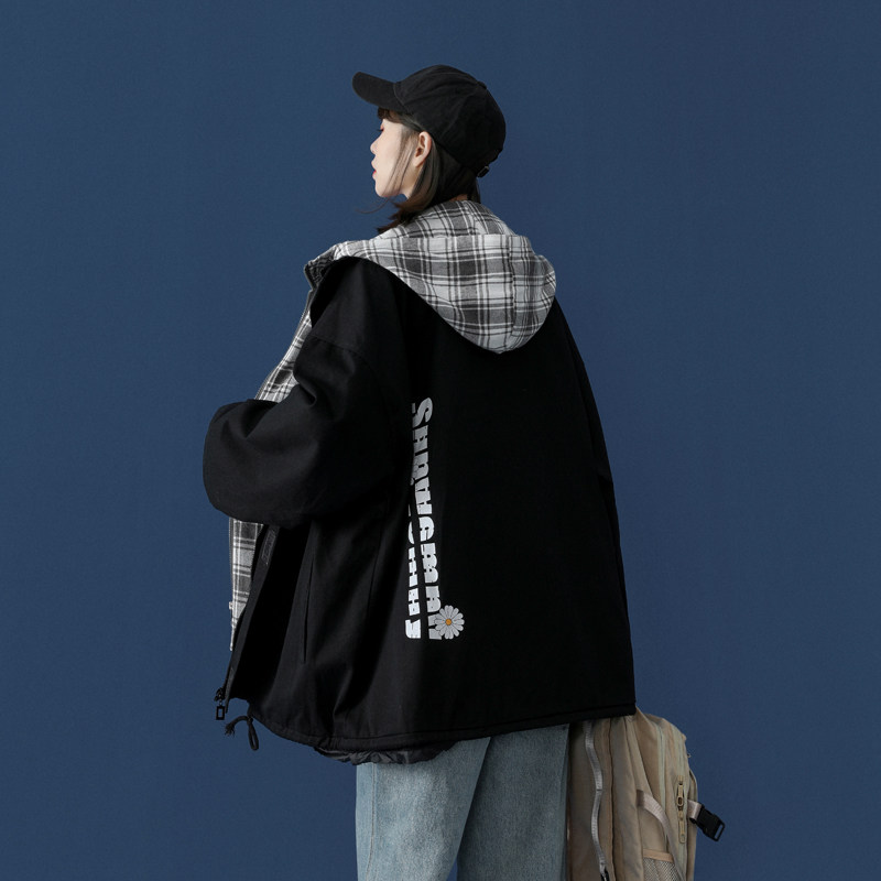 新款宽松百搭连帽1拼色外套中性风夹克G111-P90图片