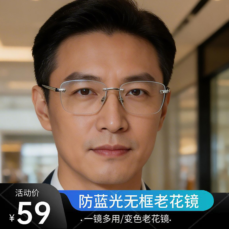 变色老花镜男款高档正品老人眼镜高清防蓝光抗辐射无框眼镜09