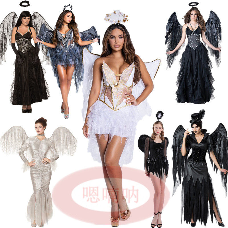 万圣节成人暗黑天使吸血鬼cosplay服装黑色精灵恶魔女演出连衣裙