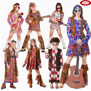 嗯喃呐儿童亲子服装60年代嬉皮士服装女童迪斯科连衣裙摇滚派对服