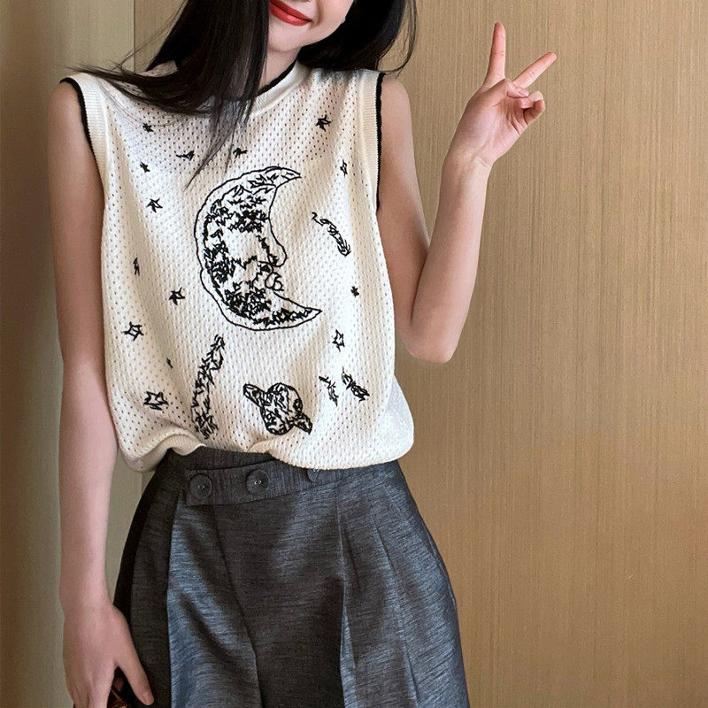 {现货}小景家 时髦气质博主风 100羊毛 线描手绘刺绣镂空针织背心