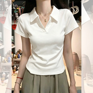 白色polo领正肩短袖t恤女2026新款夏小众设计感褶皱齐腰修身上衣