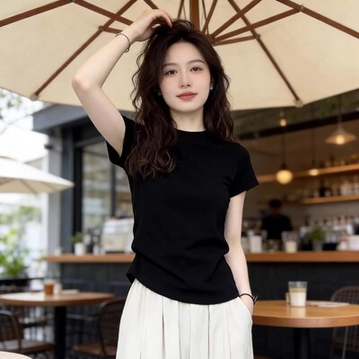 黑色短袖正肩T恤女圆领修身上衣