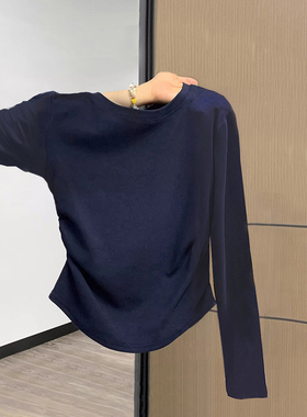正肩打底衫女内搭长袖2025新款春秋抽褶设计感收腰修身藏蓝色上衣