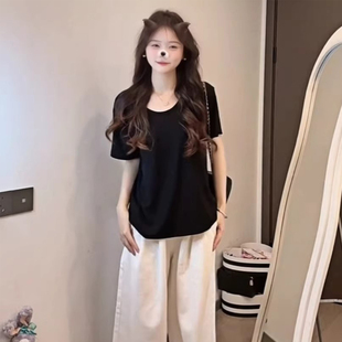 慵懒风遮屁股大码 黑色V领宽松t恤女短袖 韩版 夏季 上衣显瘦 2026新款