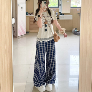 复古格子休闲裤女夏2026新款宽松显瘦慵懒风韩版运动阔腿直筒长裤