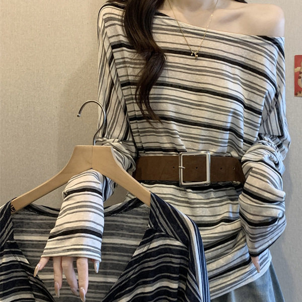韩系条纹斜肩长袖T恤女秋