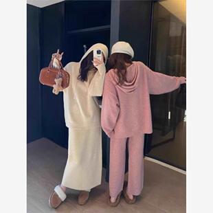 针织两件套 裙女百搭宽松休闲连帽毛衣时尚 秋冬新款 慵懒风针织套装