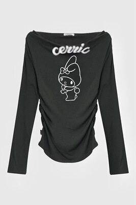 韩国小众cerric x melody美乐蒂印花褶皱一字领修身收腰长袖T恤