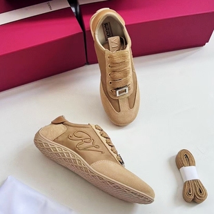 2025新款真皮德训鞋女RV水钻方扣平底休闲运动板鞋软底百搭阿甘鞋