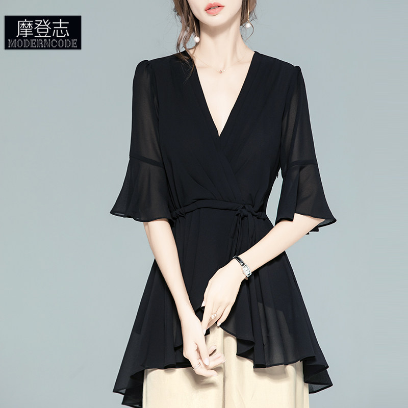 欧美不规则荷叶边裙摆褶皱上衣V领喇叭袖雪纺衫女中长款衬衣夏季