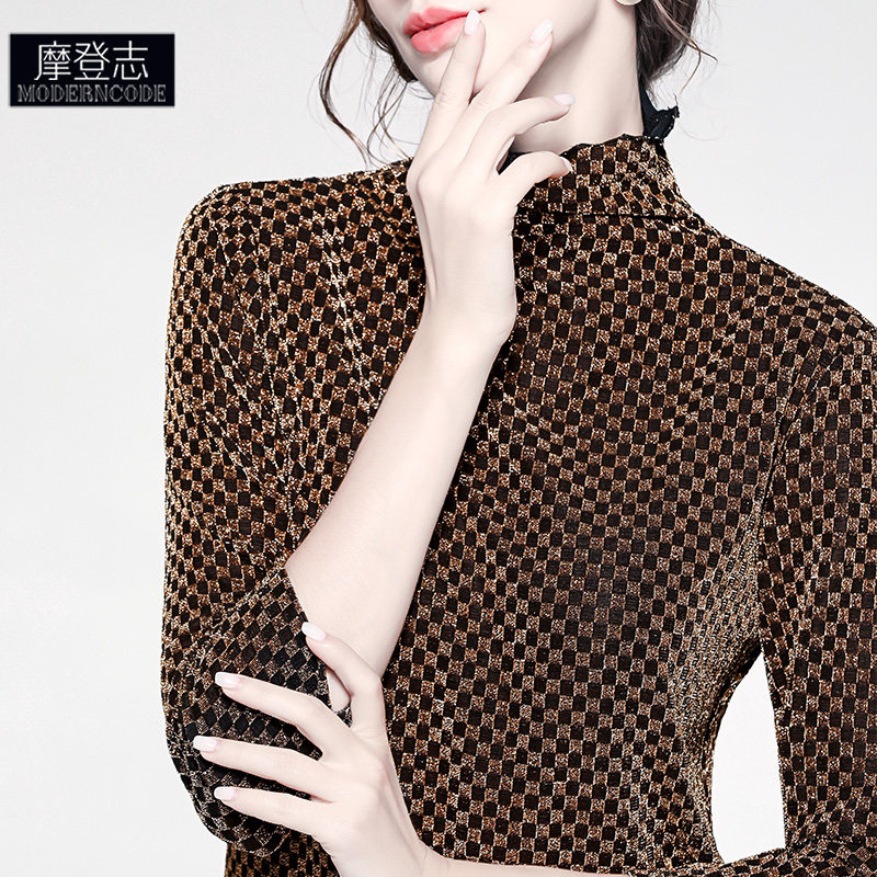 秋款上衣女洋气百搭七分袖针织T恤欧美风亮丝格子高领打底衫外穿