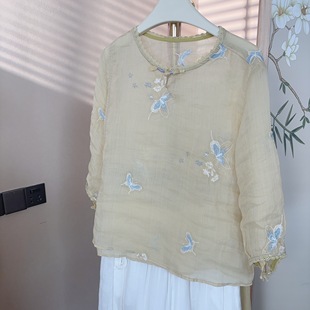 上衣蝴蝶刺繡薄款 純苧麻 蝶戀花刺繡 寬松 新款 麻料襯衫 夏季