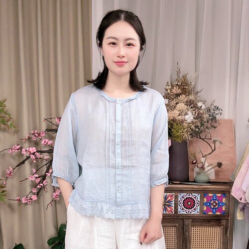 复古苎麻小衫文艺花边领文艺设计感宽松上衣