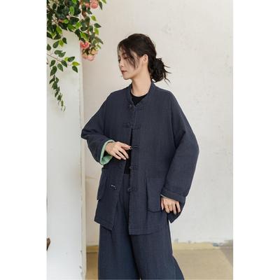 新中式秋冬新款亚麻棉服加厚保暖盘扣复古棉衣宽松外套女