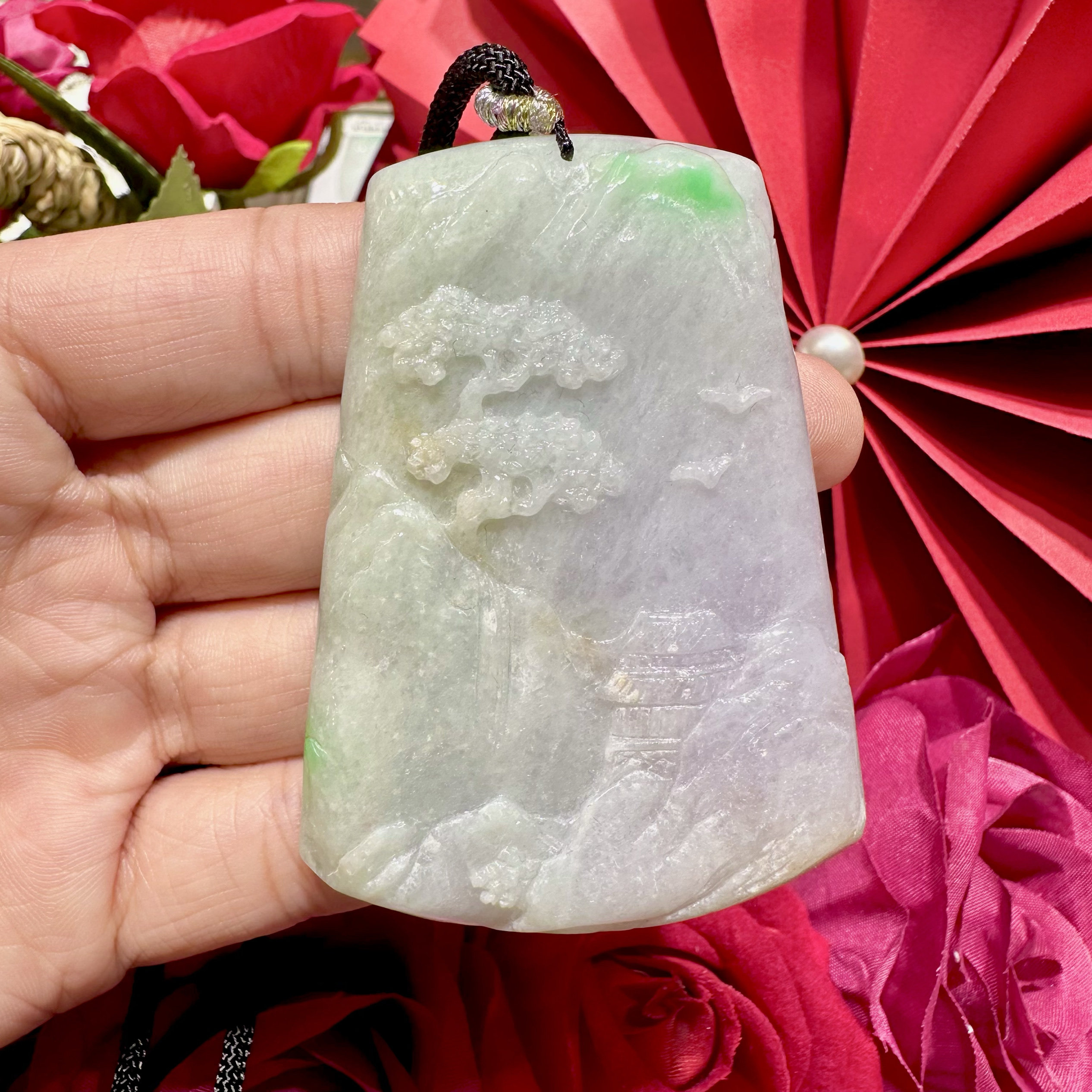 缅甸翡翠A货正品 冰种水润飘绿山水牌吊坠挂件时尚百搭款大气个性