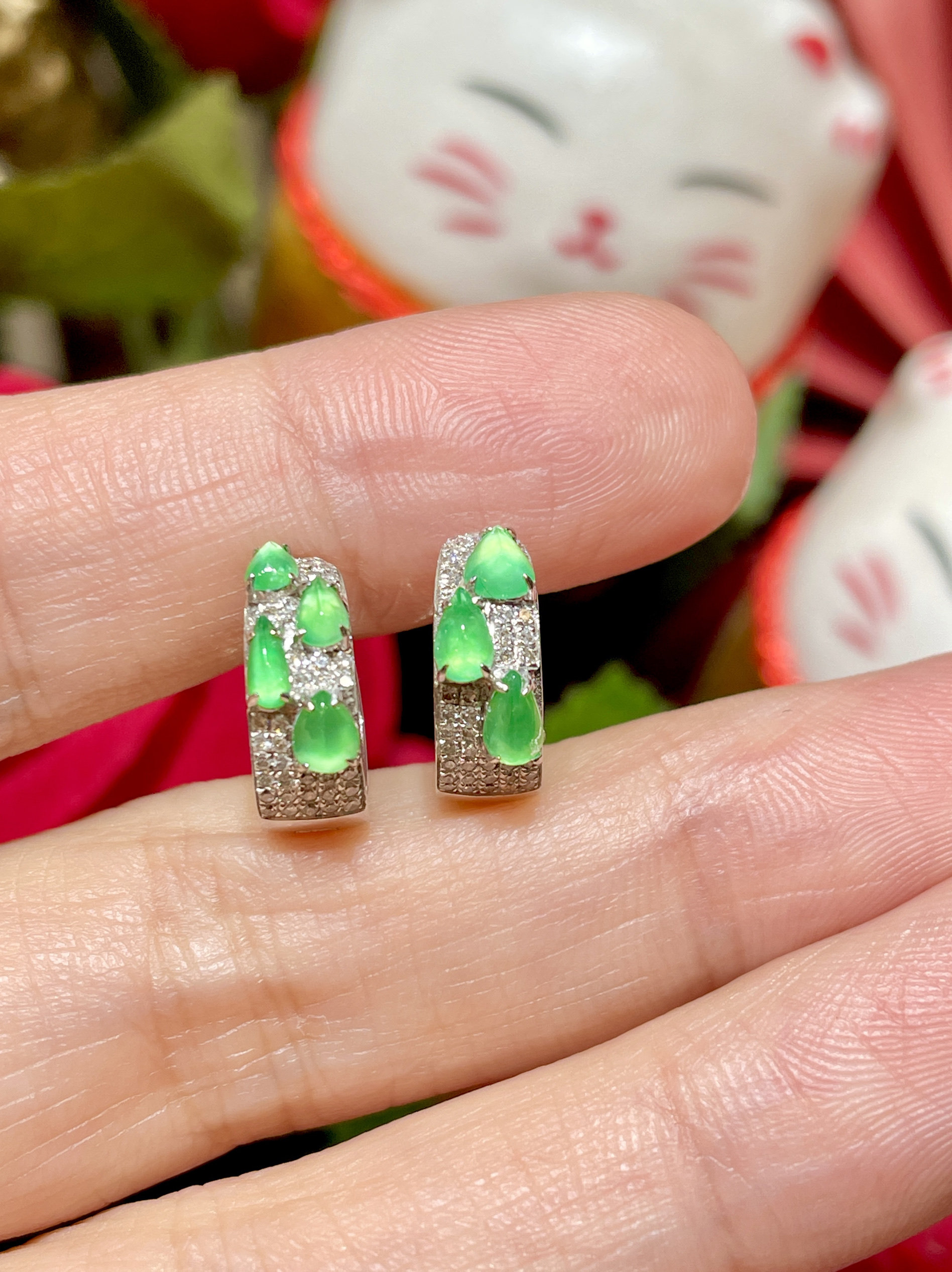 缅甸翡翠a货正品 冰种晴水底随形耳环 镶嵌18k金搭配钻石时尚款式