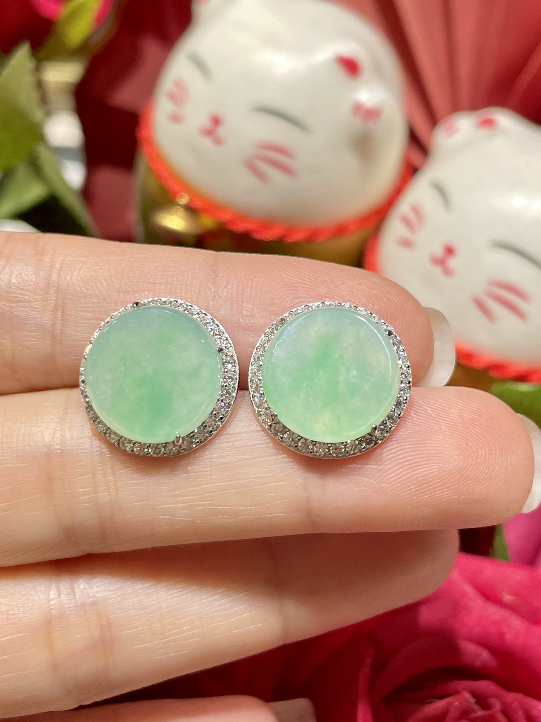 缅甸天然翡翠A货正品 冰种阳绿圆无事牌耳钉S925银镶嵌时尚百搭款