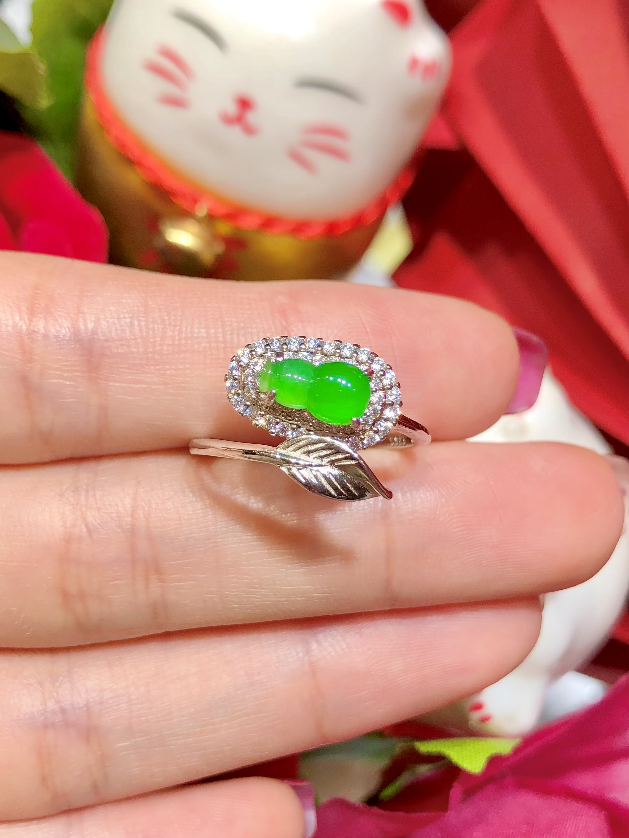 缅甸翡翠A货正品 冰种水润满绿葫芦戒指S925银镶嵌时尚百搭大气款