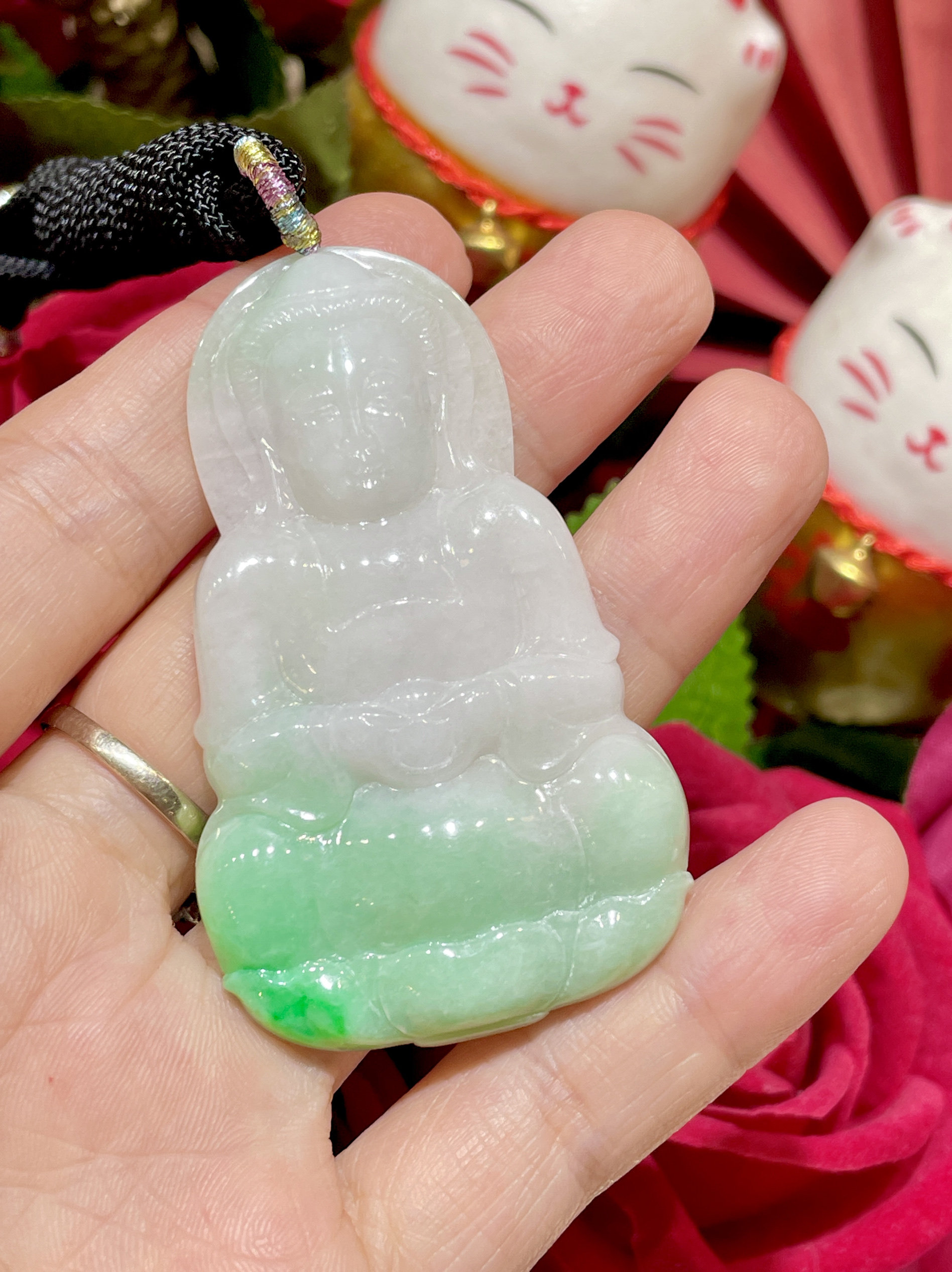缅甸翡翠A货正品 阳绿白底青观音大件可直接佩戴 男女款吊坠时尚