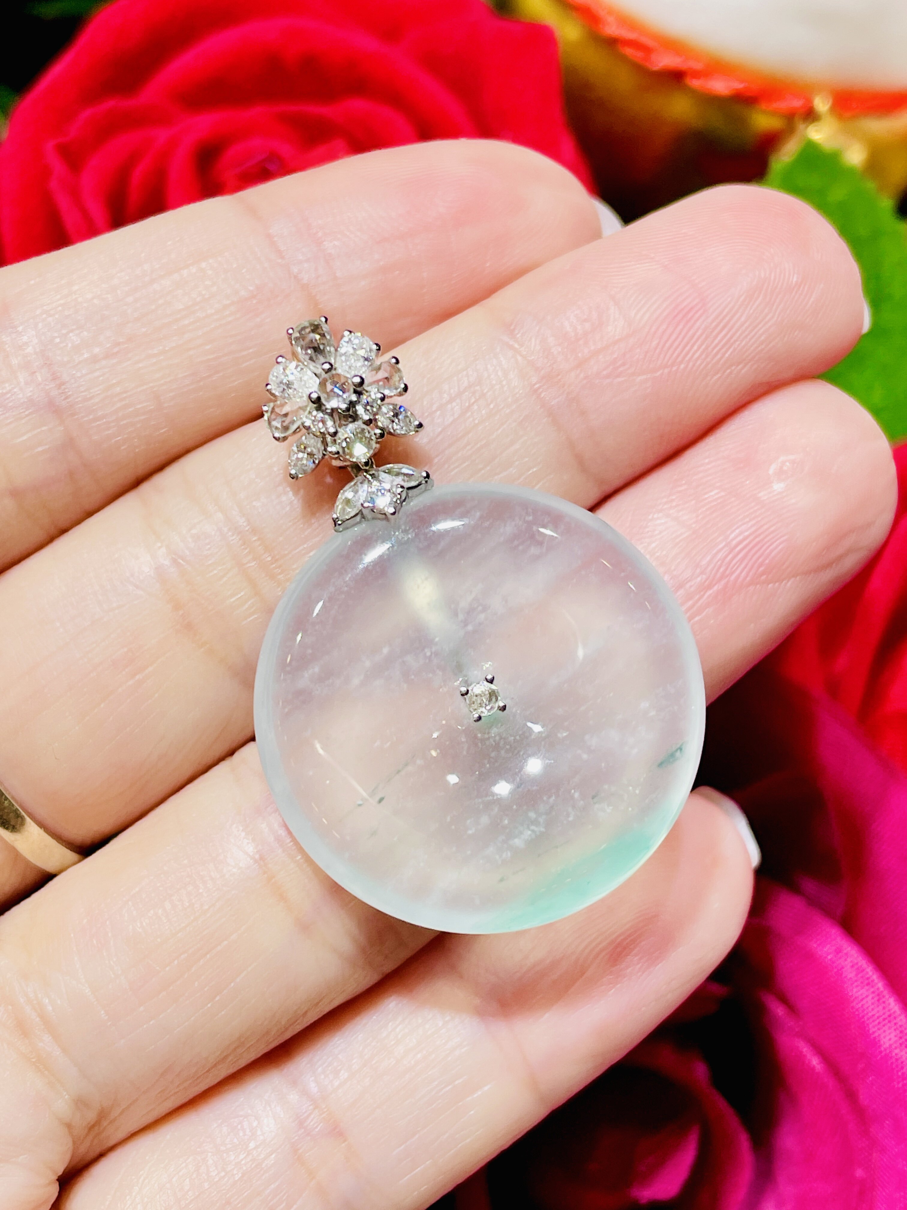 缅甸翡翠A货正品 高冰种木纳雪花棉怀古 镶嵌18 K金搭配钻石时尚