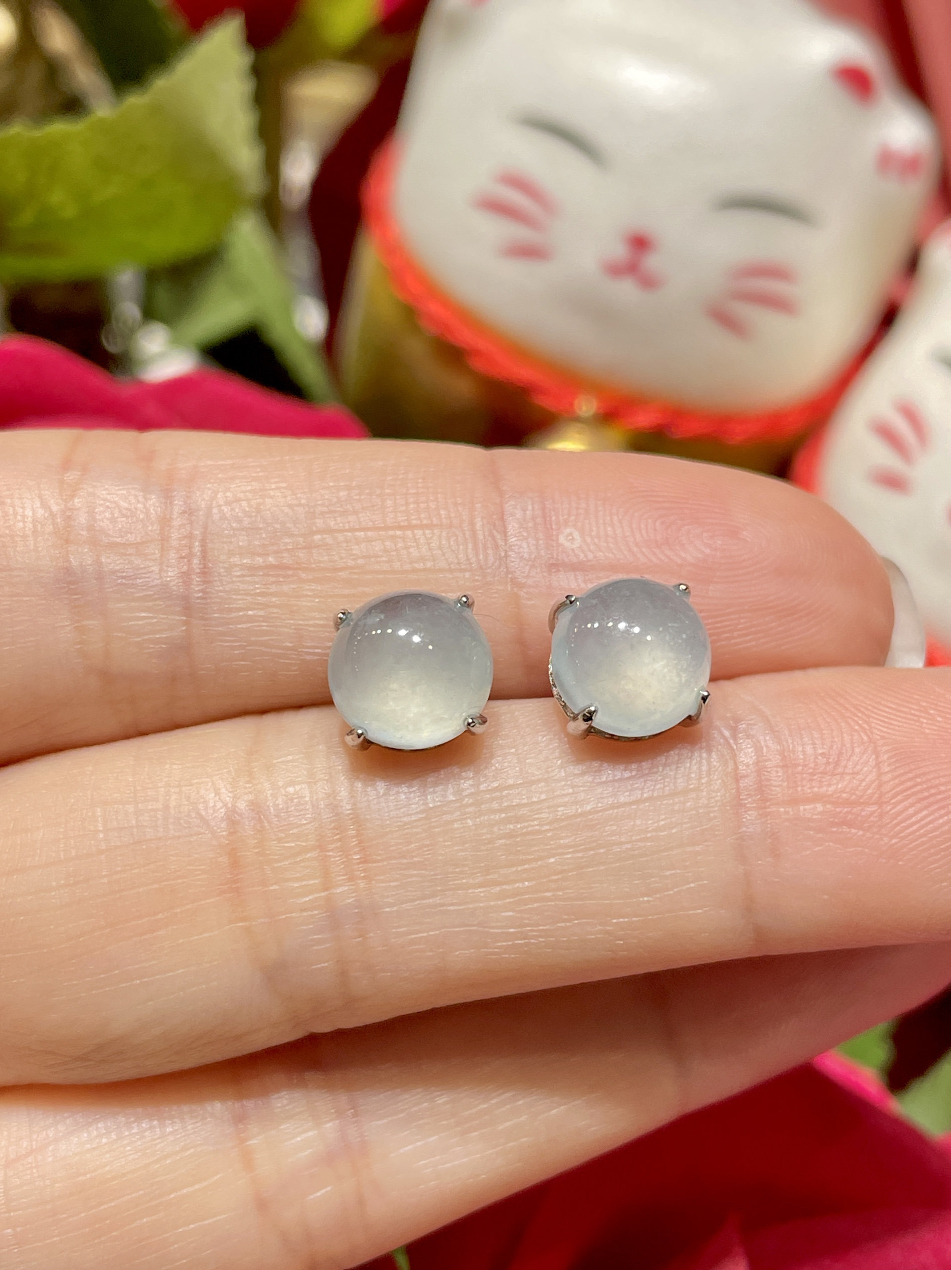 缅甸翡翠A货正品 冰种起荧光蛋面大耳钉S925银镶嵌时尚百搭款大方