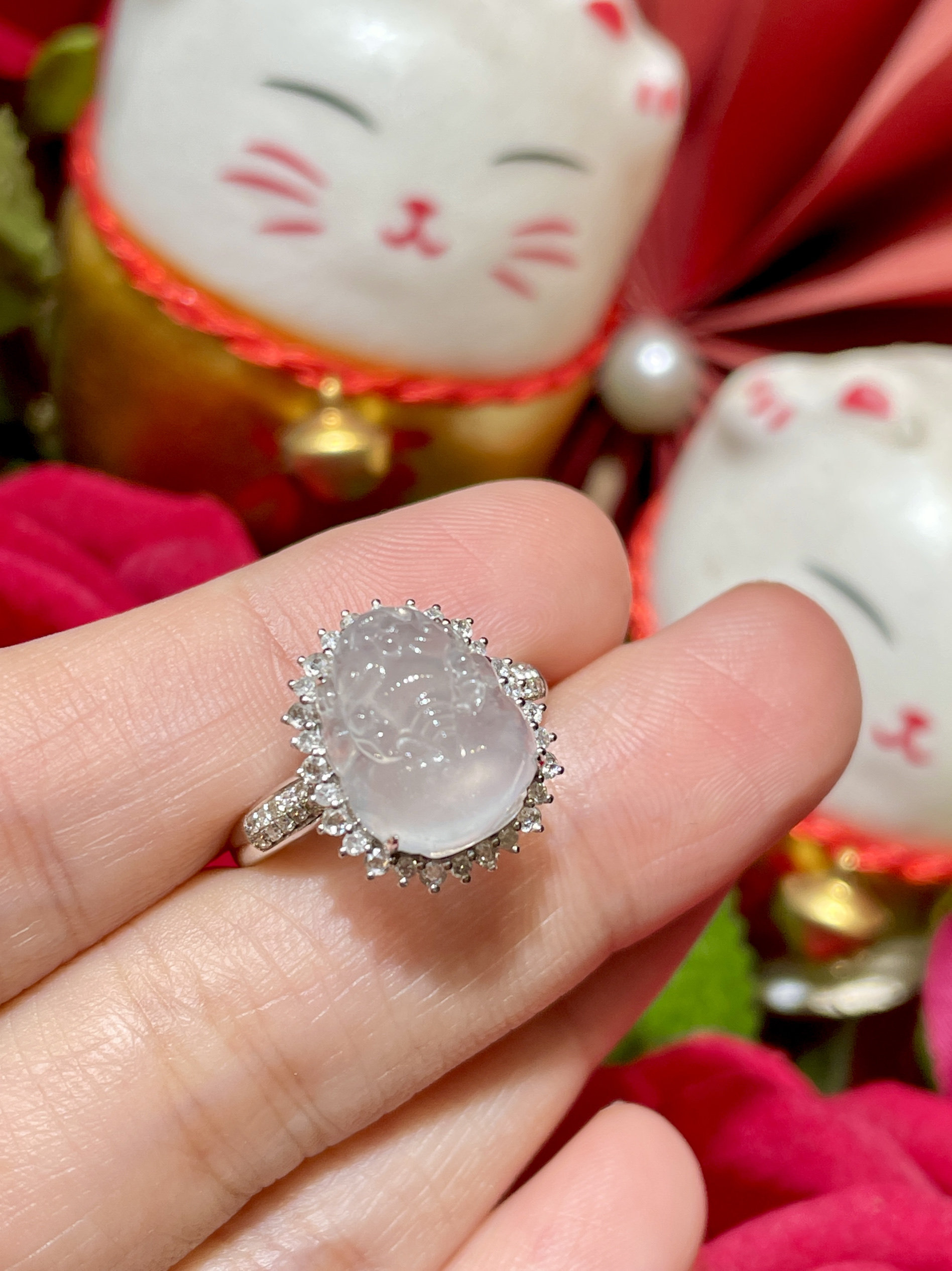 缅甸翡翠A货正品 冰种貔貅戒指 镶嵌18k金搭配钻石时尚百搭款式