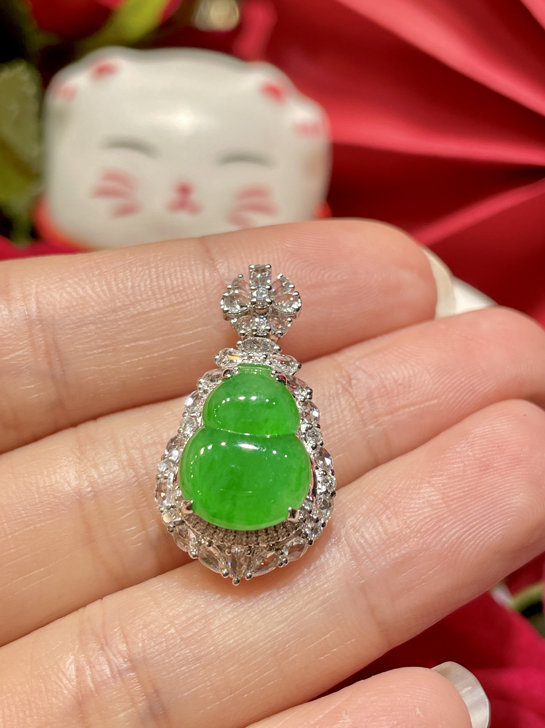 缅甸翡翠A货正品 冰种水润阳绿葫芦吊坠18k金镶嵌时尚百搭款大气