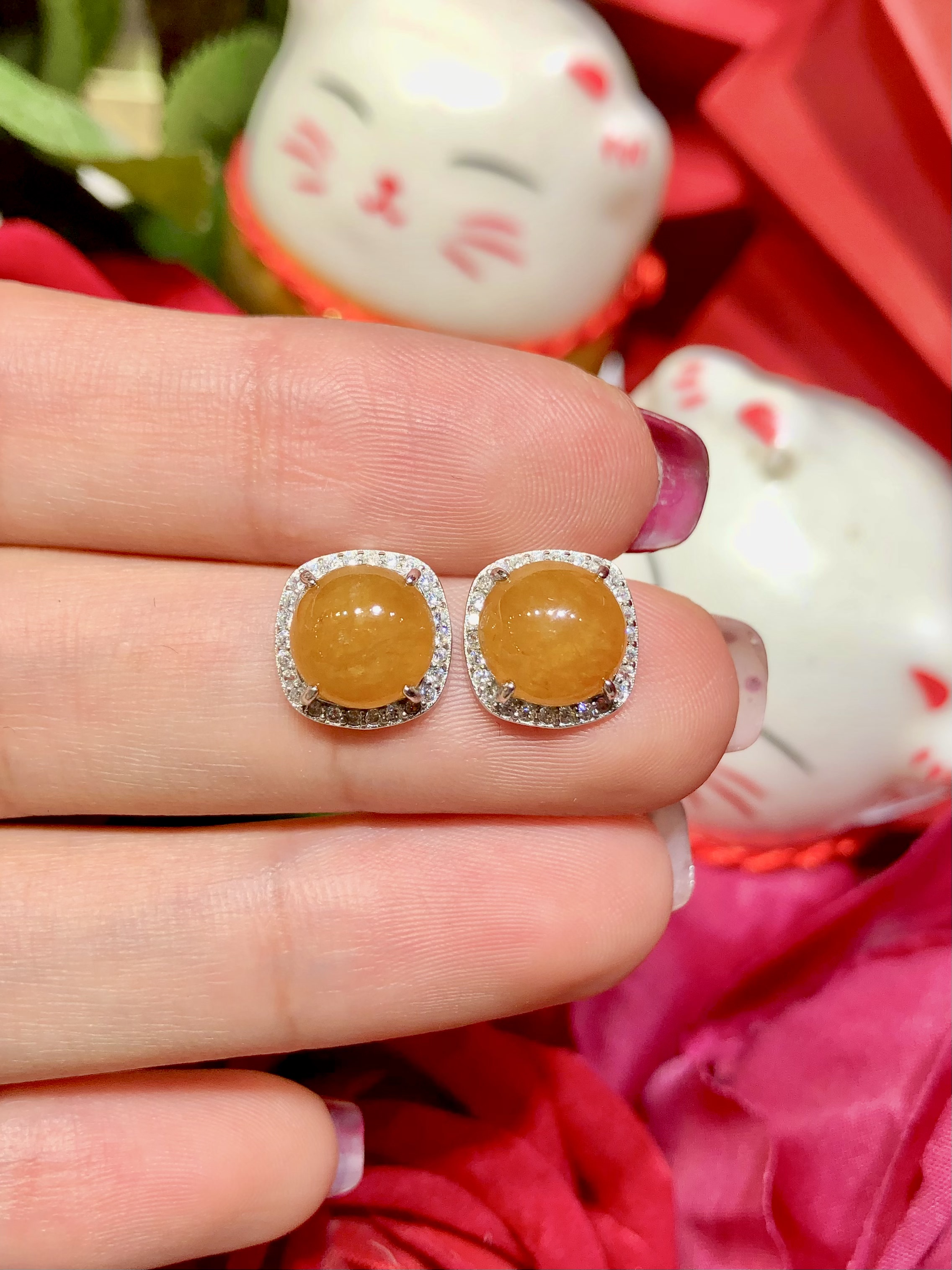 缅甸翡翠A货正品 冰种水润黄翡蛋面耳钉S925银镶嵌时尚百搭大气款