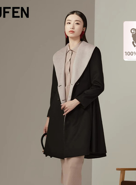 FUFEN福芬新款冬毛呢大衣女可爱黑色修身收腰外套DY-14078
