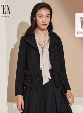 FUFEN福芬秋季新款短外套女黑色收腰显瘦翻驳领上衣SY-15908