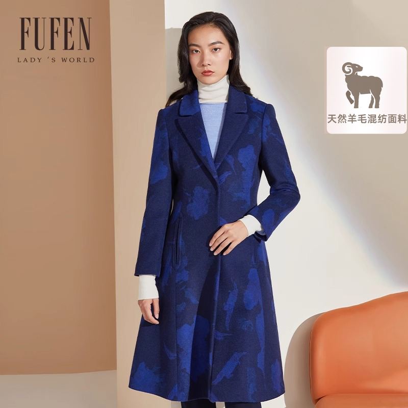 fufen福芬冬季新款印花毛呢外套
