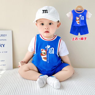 纯棉夏季套装女运动短袖套装宝宝运动衣服小孩男篮球服装儿童短裤