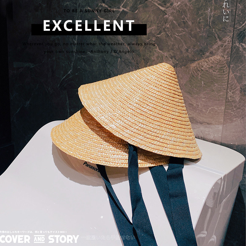 韩国单手编麦秆儿童斗笠帽夏款尖顶拍照草帽绑带出游遮阳帽麦秆帽