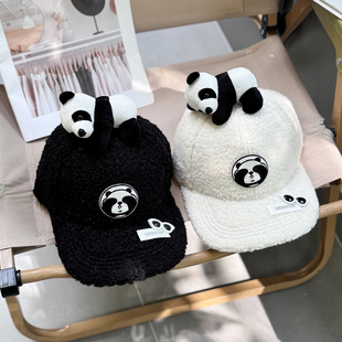 2025秋冬亲子捂脸熊猫棒球帽女韩版百搭显脸小鸭舌帽休闲卡通帽子