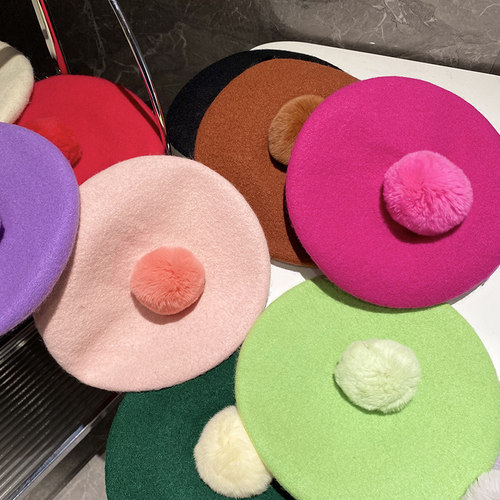 贝雷帽走秀韩版中性秋冬毛球