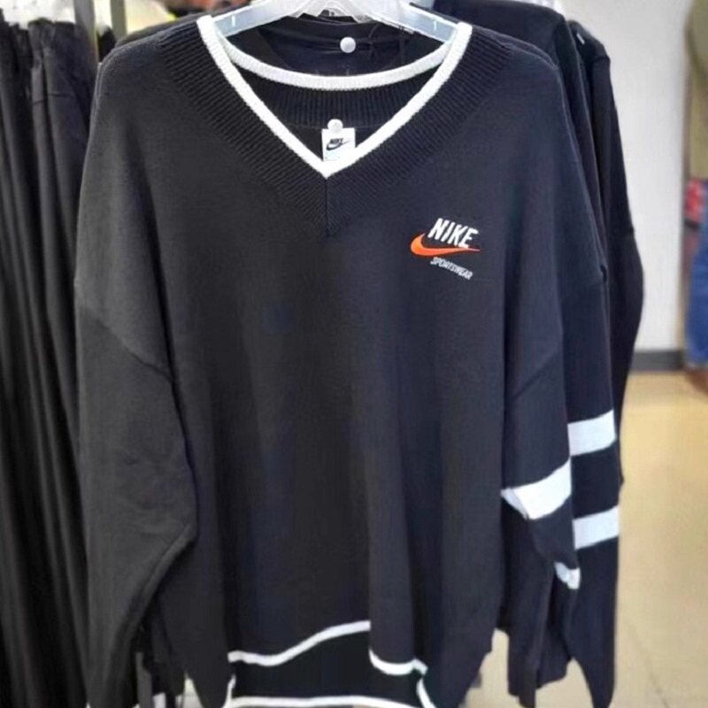 Nike/耐克 男子刺绣LOGO休闲V领条纹印花宽松套头毛衣DX0009-010