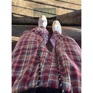 春秋新款美式复古格子休闲裤男工装裤撞色褶皱微喇潮牌学生直长款