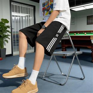 外穿中裤休闲阔腿直筒短裤运动男性美式宽松卫裤条纹潮流夏季五分
