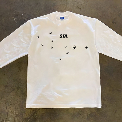 美式休闲简约燕子涂鸦字母印花纯棉长袖T恤男潮牌重磅300克打底衫