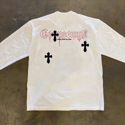 美式潮牌十字架字母印花长袖T恤户外重磅纯棉小领口300克打底衫男