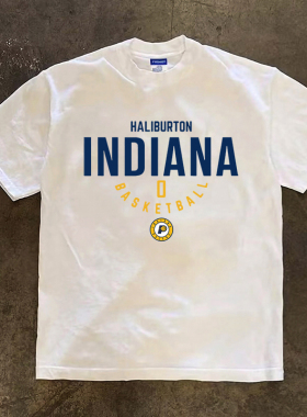 步行者哈利伯顿0号训练短袖T恤男美式篮球运动重磅小领口半袖上衣