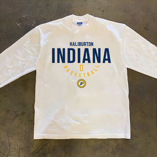 步行者哈利伯顿0号训练短袖T恤美式篮球运动重磅小领口长袖打底衫