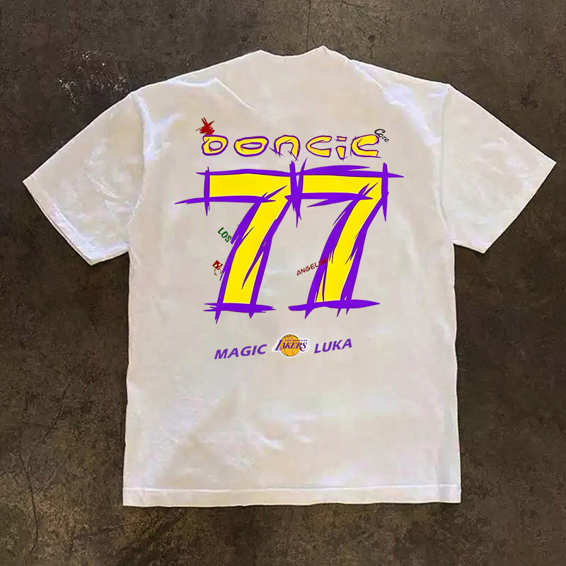 东契奇77号篮球球衣运动短袖T恤男手绘涂鸦训练服重磅小领口半袖